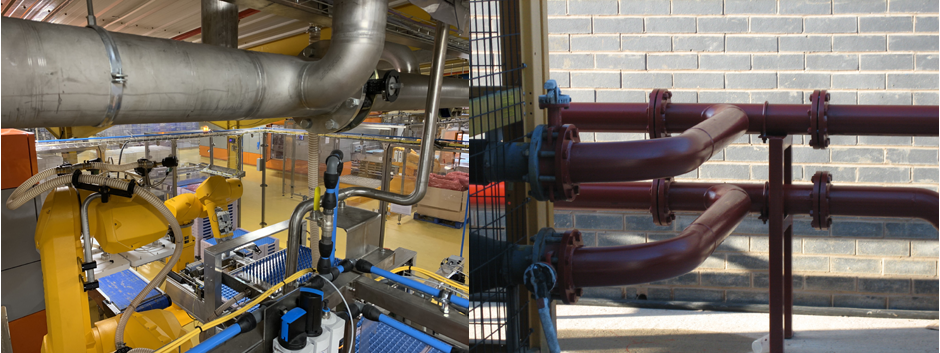 Composite image showing examples of interior and exterior jacketed pipework installations.