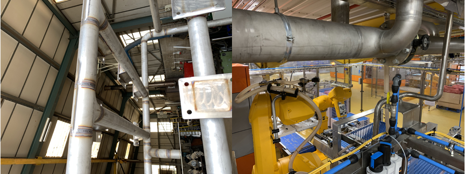 Two composite imaged of interior of factory showing jacketed pipework installations.